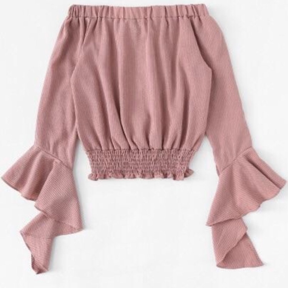 Off Shoulder Flounce Sleeve Shirred Hem Top